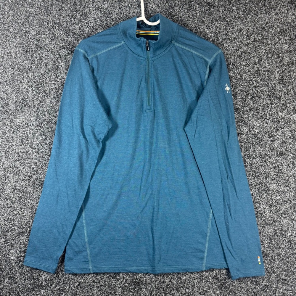 Smartwool Mens Merino Wool Quarter Zip Base Layer Teal Blue Long Sleeve Size M